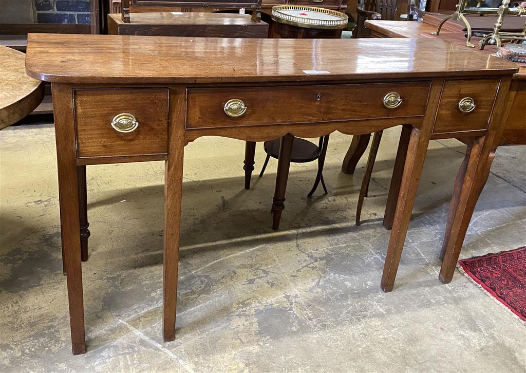 A late George III mahogany three drawer serving table, width 150cm, depth 46cm, height 85cm